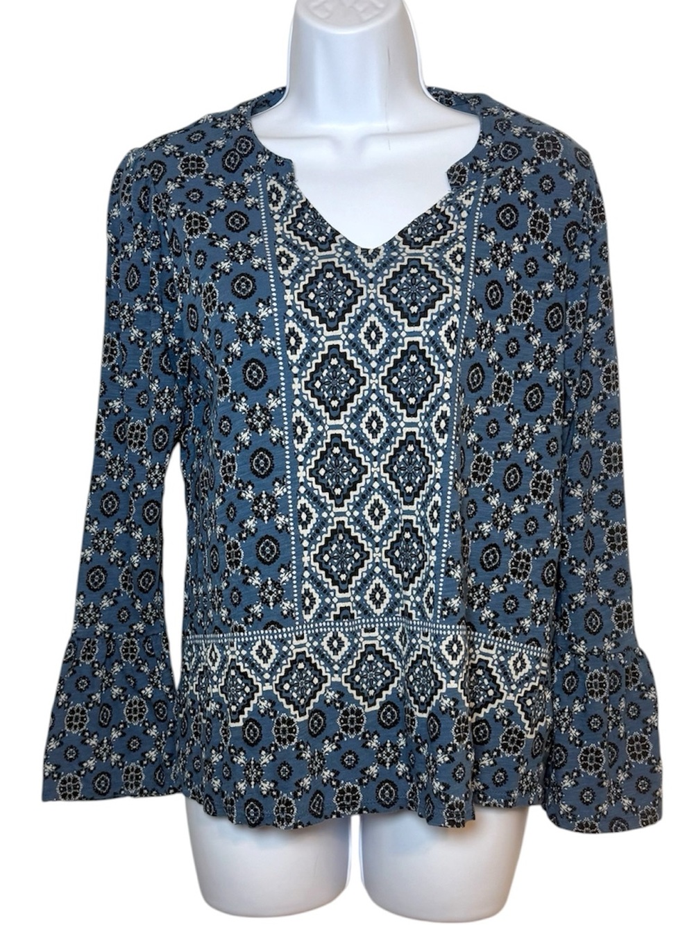 Lucky Brand Blue Boho Floral Bell Sleeve Top Bohemian Blouse Cottagecore